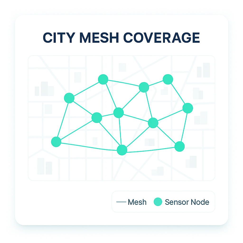 City map overlaid with a mesh of distributed sensor nodes